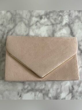 Faux Suede Envelope Wristlet Clutch in Blush Pink with Gold Trim